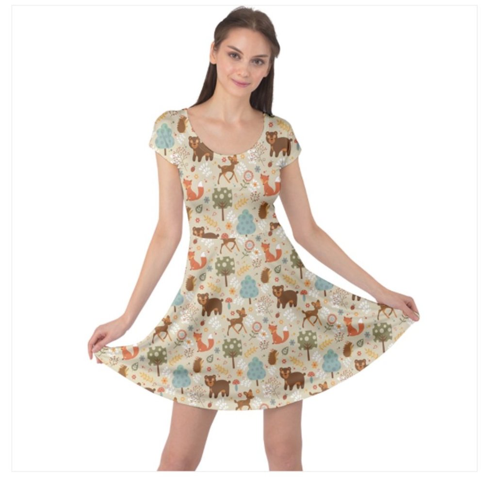 Colorful Whimsical Woodland Animals Pattern Cap Sleeve Dress Comfy Spring